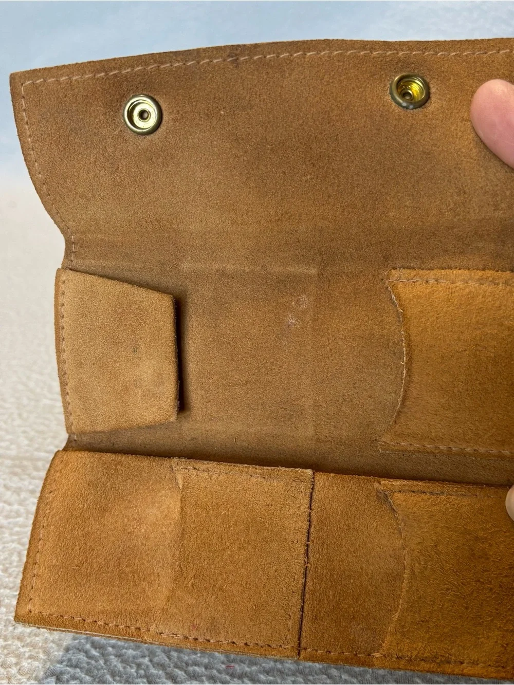 Vtg. Brown Cowhide Suede Leather Trifold Utility Wallet Clutch with Brass Studs